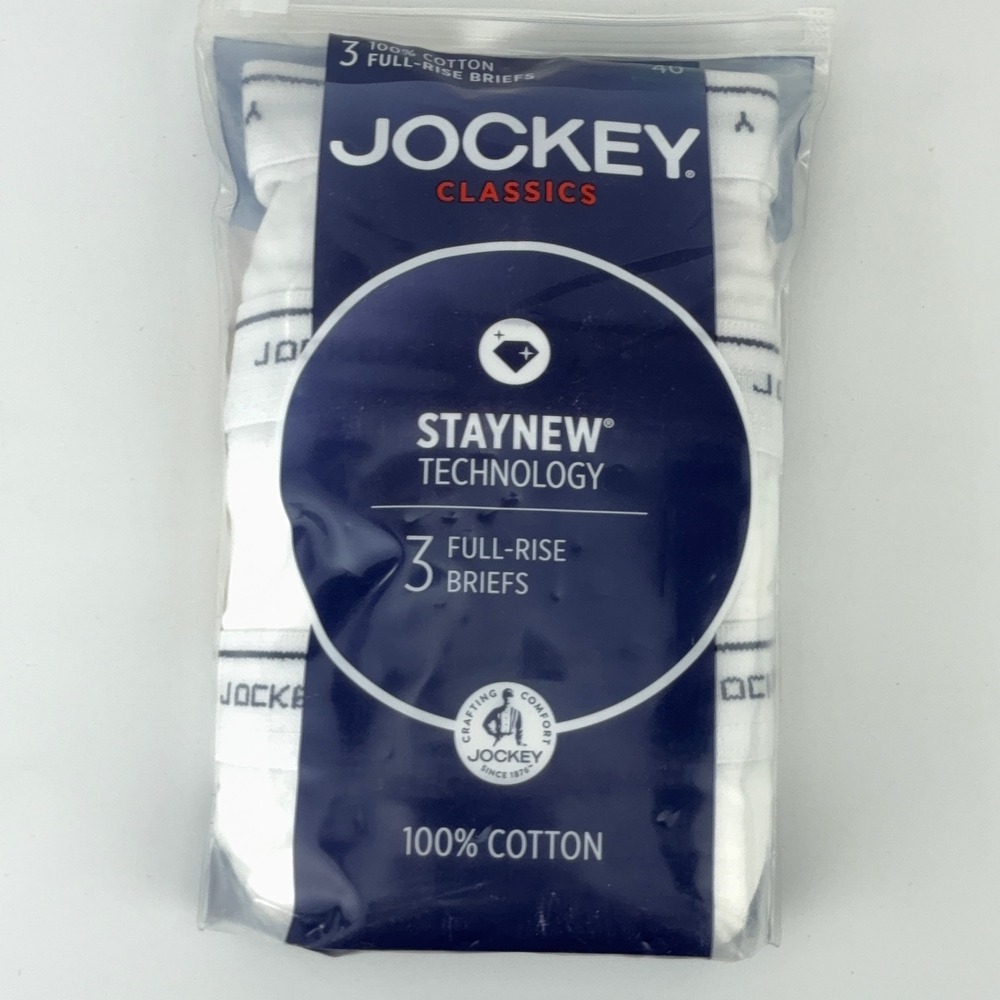 Jockey Classics Mens 3-Pack Full-Rise Briefs White 100% Cotton Size 40 9950